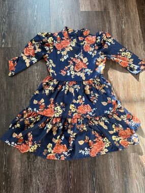 Janie and Jack Navy Floral Tiered Ruffle Dress with Orange Roses